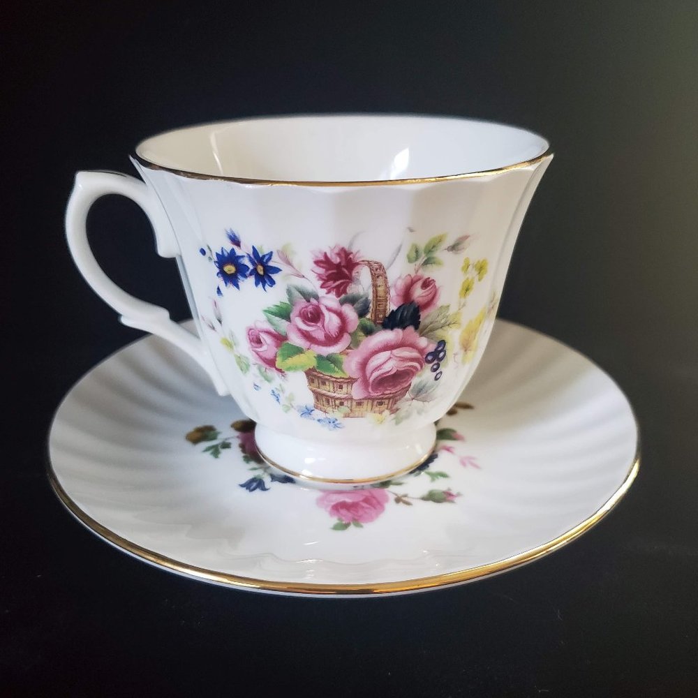 Duchess Bone China Footed Teacup & Saucer Flower Basket Gold Trim